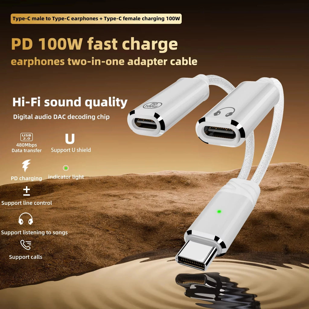 🔌 Adaptateur USB-C 2 en 1 Audio + Charge Rapide 100W PD – Câble Tressé Casque & Recharge Type-C Compatible Android