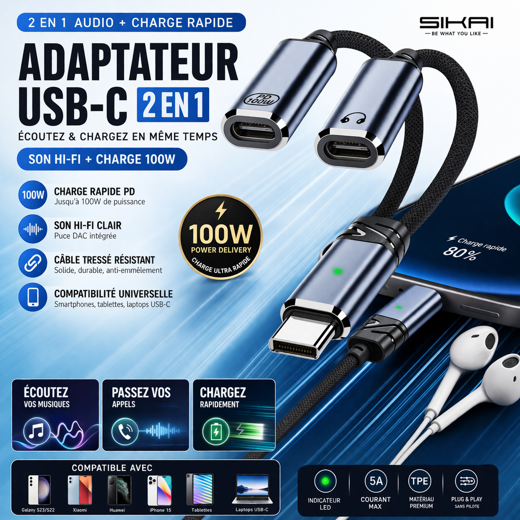 🔌 Adaptateur USB-C 2 en 1 Audio + Charge Rapide 100W PD – Câble Tressé Casque & Recharge Type-C Compatible Android