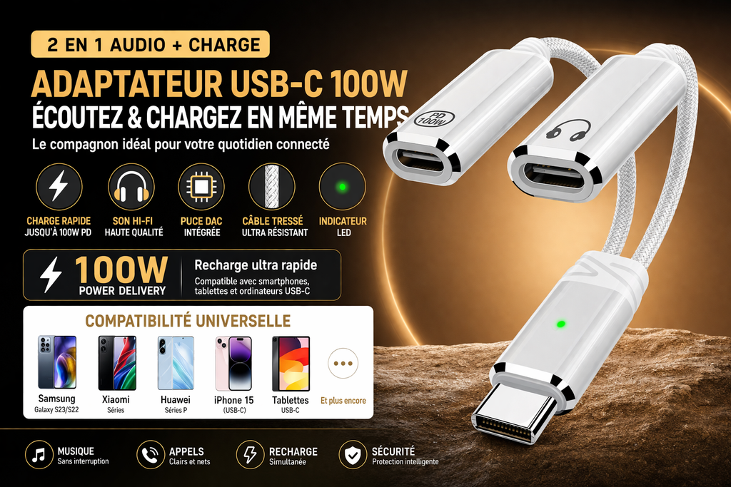 🔌 Adaptateur USB-C 2 en 1 Audio + Charge Rapide 100W PD – Câble Tressé Casque & Recharge Type-C Compatible Android