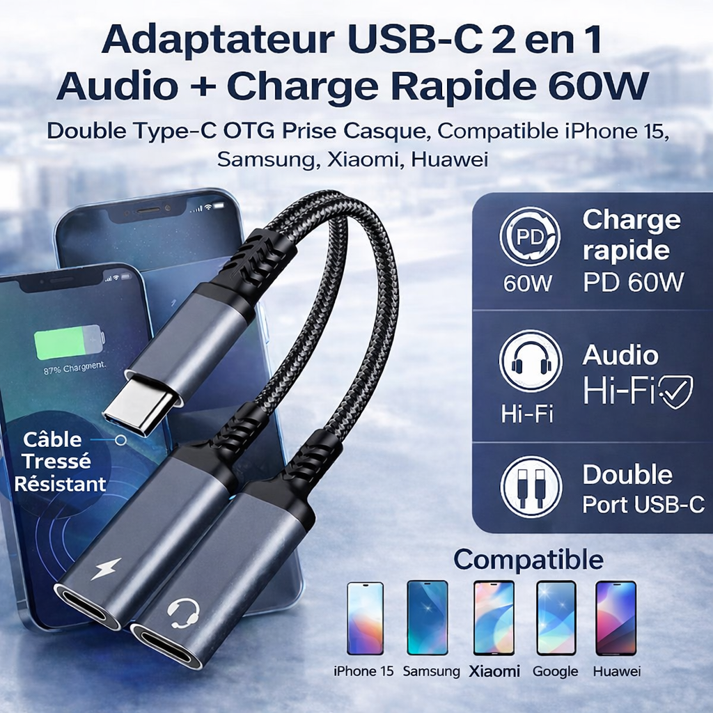 Adaptateur USB-C 2 en 1 Audio + Charge Rapide 60W 🔌 – Câble Tressé Résistant, Double Type-C OTG Prise Casque, Compatible iPhone 15, Samsung, Xiaomi, Huawei
