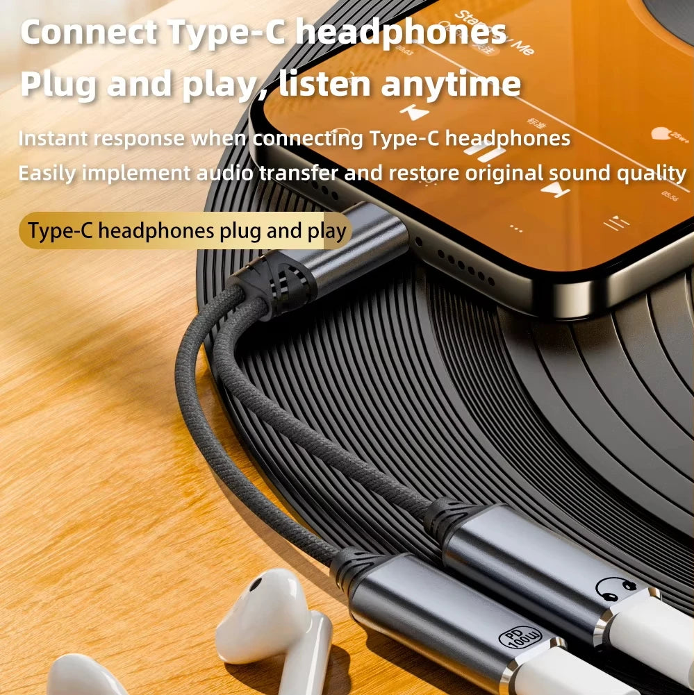 🔌 Adaptateur USB-C 2 en 1 Audio + Charge Rapide 100W PD – Câble Tressé Casque & Recharge Type-C Compatible Android