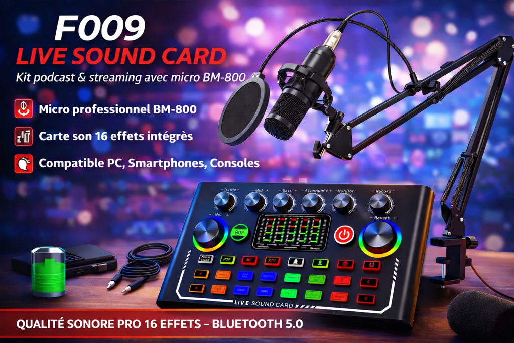 🎙️ F009 Live Sound Card – Kit Podcast & Streaming Pro avec Micro BM-800 + Bras Articulé Ma boutique