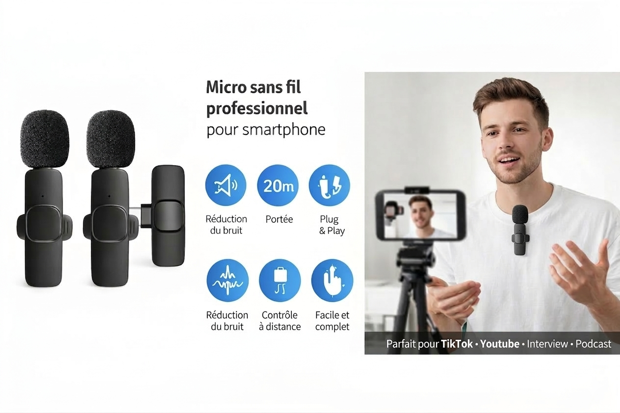 🎤 Micro Cravate Sans Fil pour Smartphone – Réduction de Bruit & Plug-and-Play Studio Light Sound