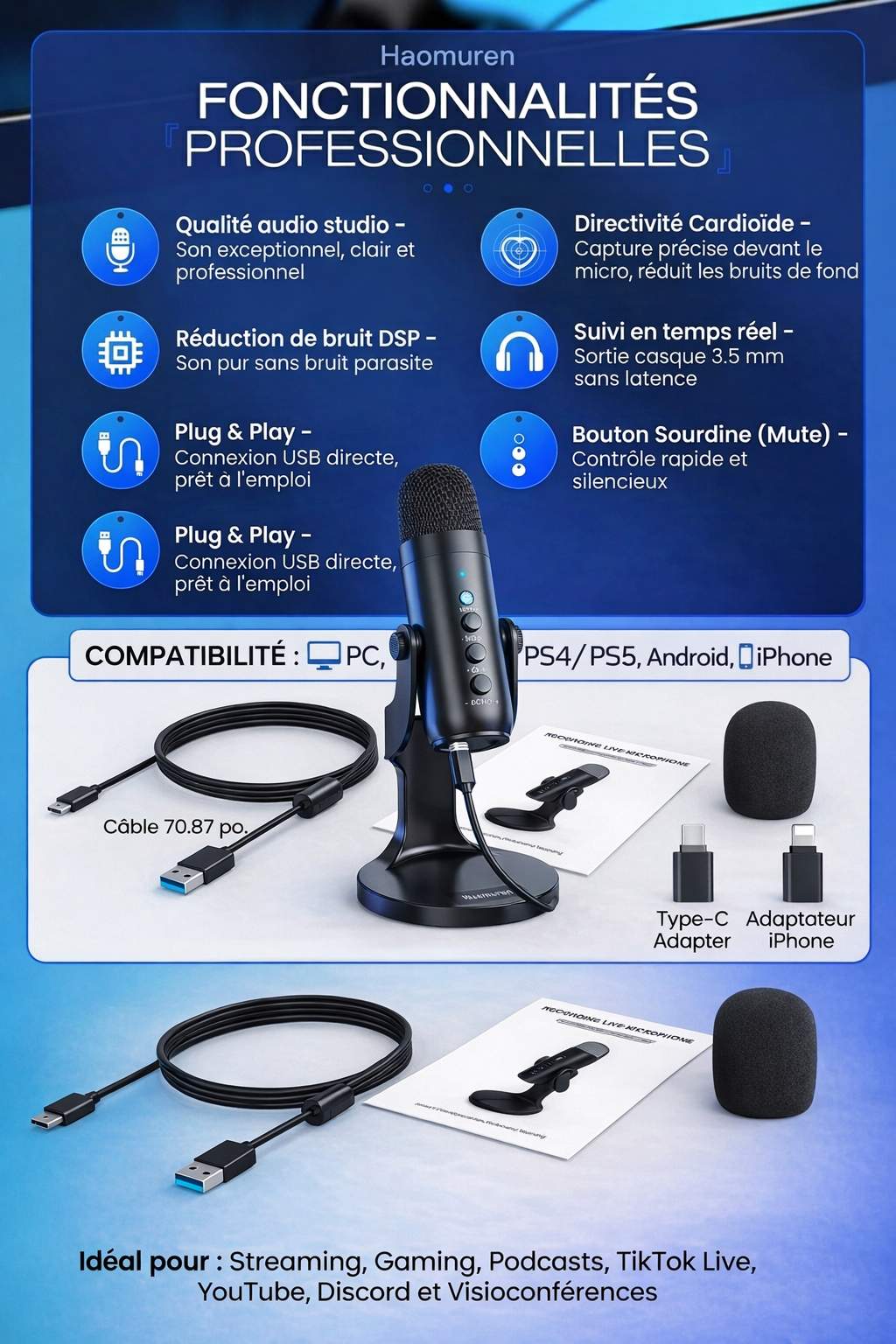 Microphone USB Condensateur Haomuren 🎤 – Qualité Studio, Plug & Play, Anti-bruit, Streaming & Gaming PC/Mac/PS5
