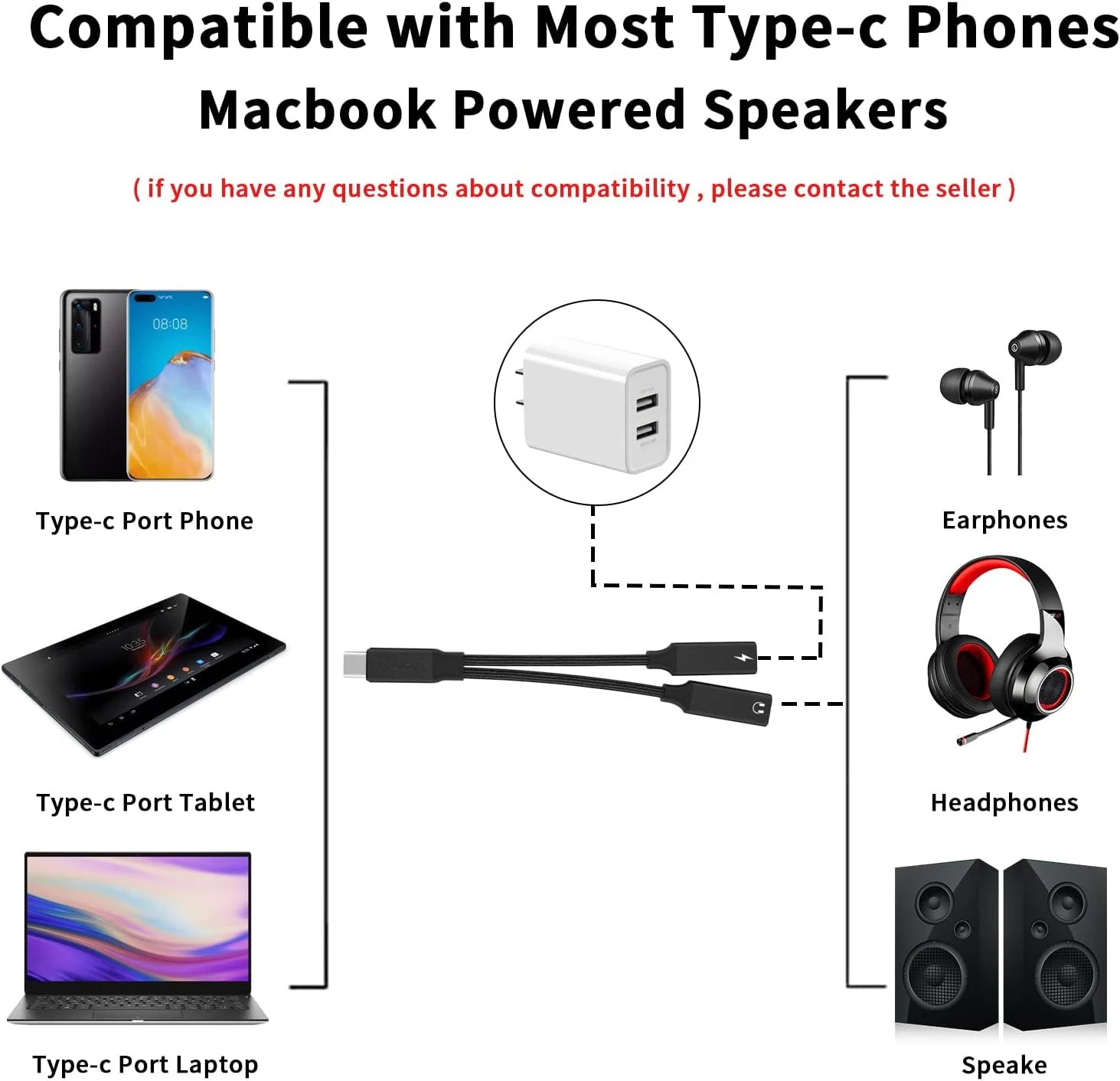 Adaptateur USB-C 2 en 1 Audio + Charge Rapide 60W 🔌 – Câble Tressé Résistant, Double Type-C OTG Prise Casque, Compatible iPhone 15, Samsung, Xiaomi, Huawei