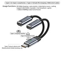🔌 Adaptateur USB-C 2 en 1 Audio + Charge Rapide 100W PD – Câble Tressé Casque & Recharge Type-C Compatible Android