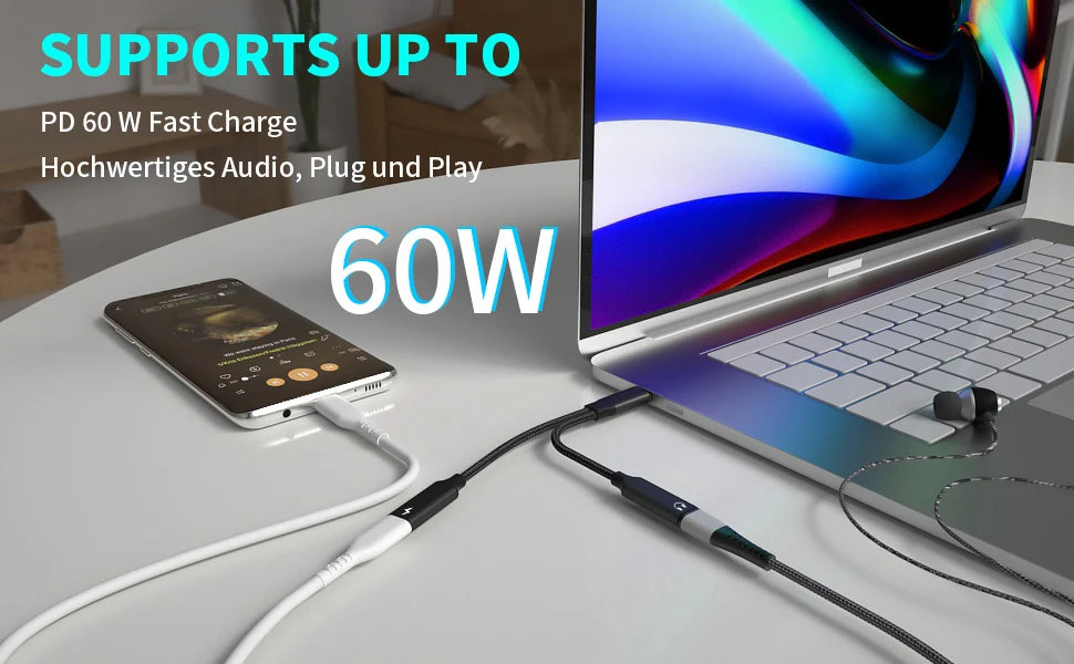 Adaptateur USB-C 2 en 1 Audio + Charge Rapide 60W 🔌 – Câble Tressé Résistant, Double Type-C OTG Prise Casque, Compatible iPhone 15, Samsung, Xiaomi, Huawei
