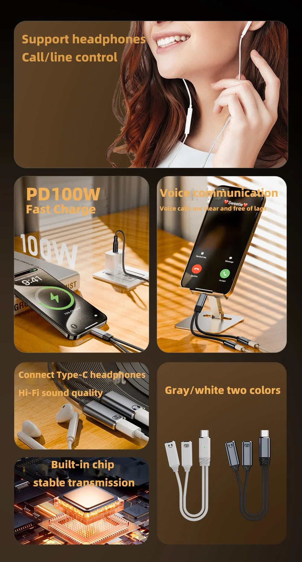 🔌 Adaptateur USB-C 2 en 1 Audio + Charge Rapide 100W PD – Câble Tressé Casque & Recharge Type-C Compatible Android