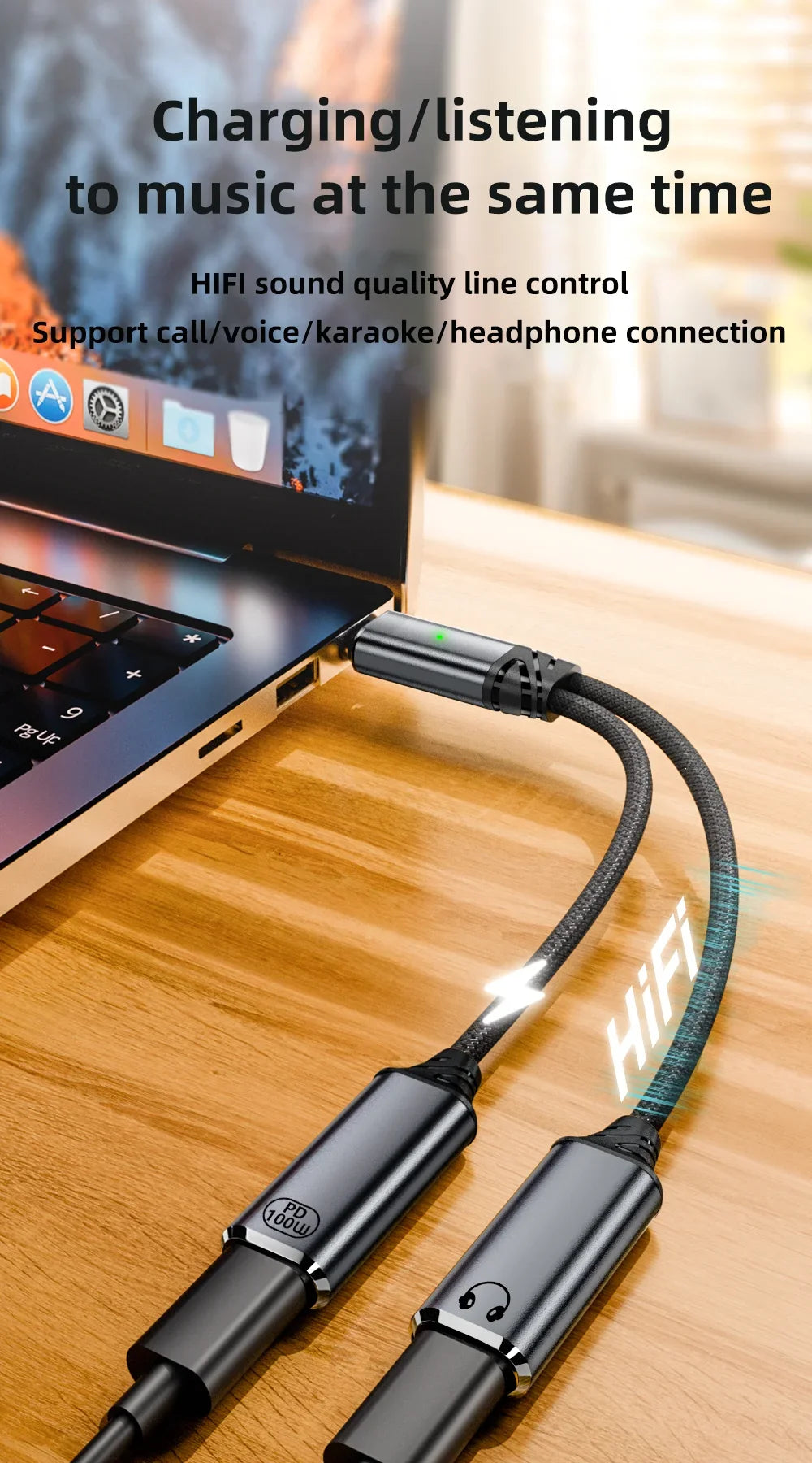 🔌 Adaptateur USB-C 2 en 1 Audio + Charge Rapide 100W PD – Câble Tressé Casque & Recharge Type-C Compatible Android