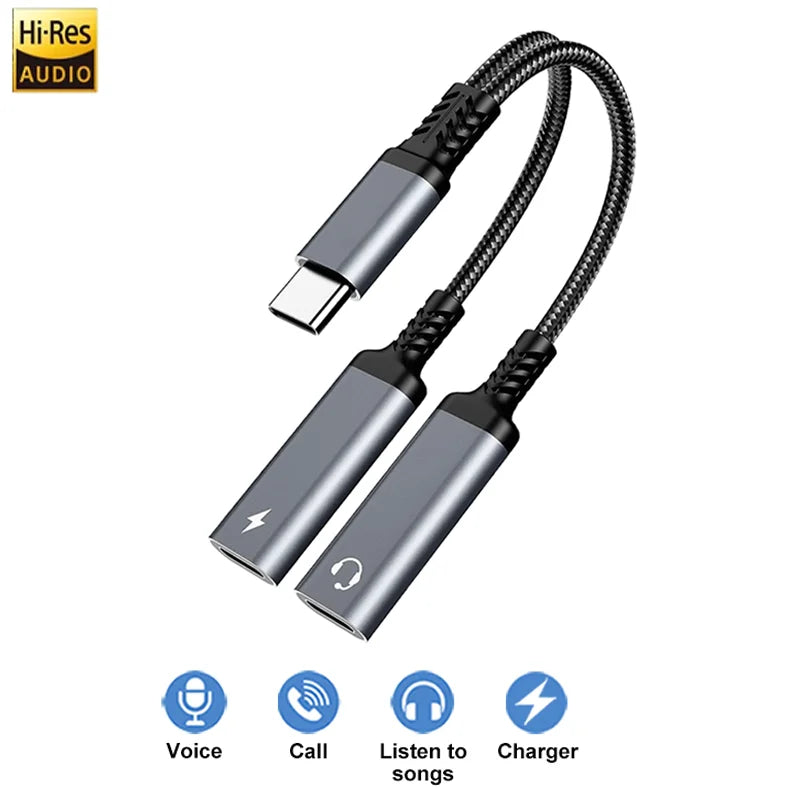 Adaptateur USB-C 2 en 1 Audio + Charge Rapide 60W 🔌 – Câble Tressé Résistant, Double Type-C OTG Prise Casque, Compatible iPhone 15, Samsung, Xiaomi, Huawei
