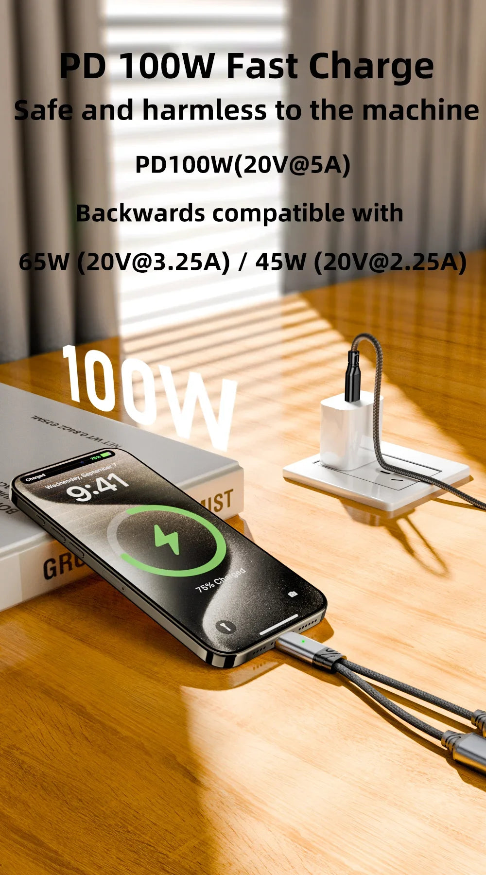 🔌 Adaptateur USB-C 2 en 1 Audio + Charge Rapide 100W PD – Câble Tressé Casque & Recharge Type-C Compatible Android