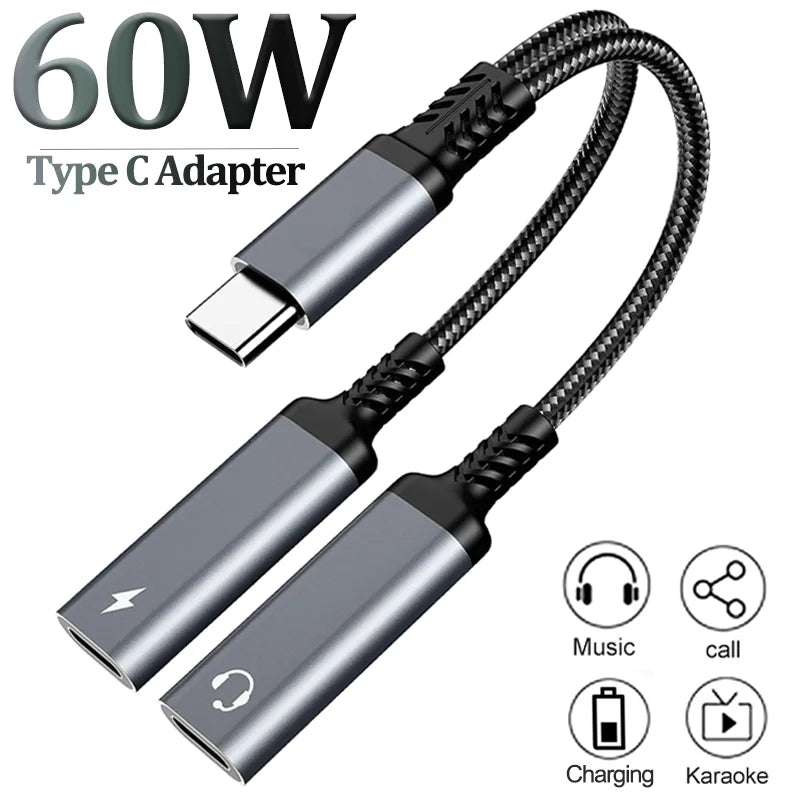 Adaptateur USB-C 2 en 1 Audio + Charge Rapide 60W 🔌 – Câble Tressé Résistant, Double Type-C OTG Prise Casque, Compatible iPhone 15, Samsung, Xiaomi, Huawei