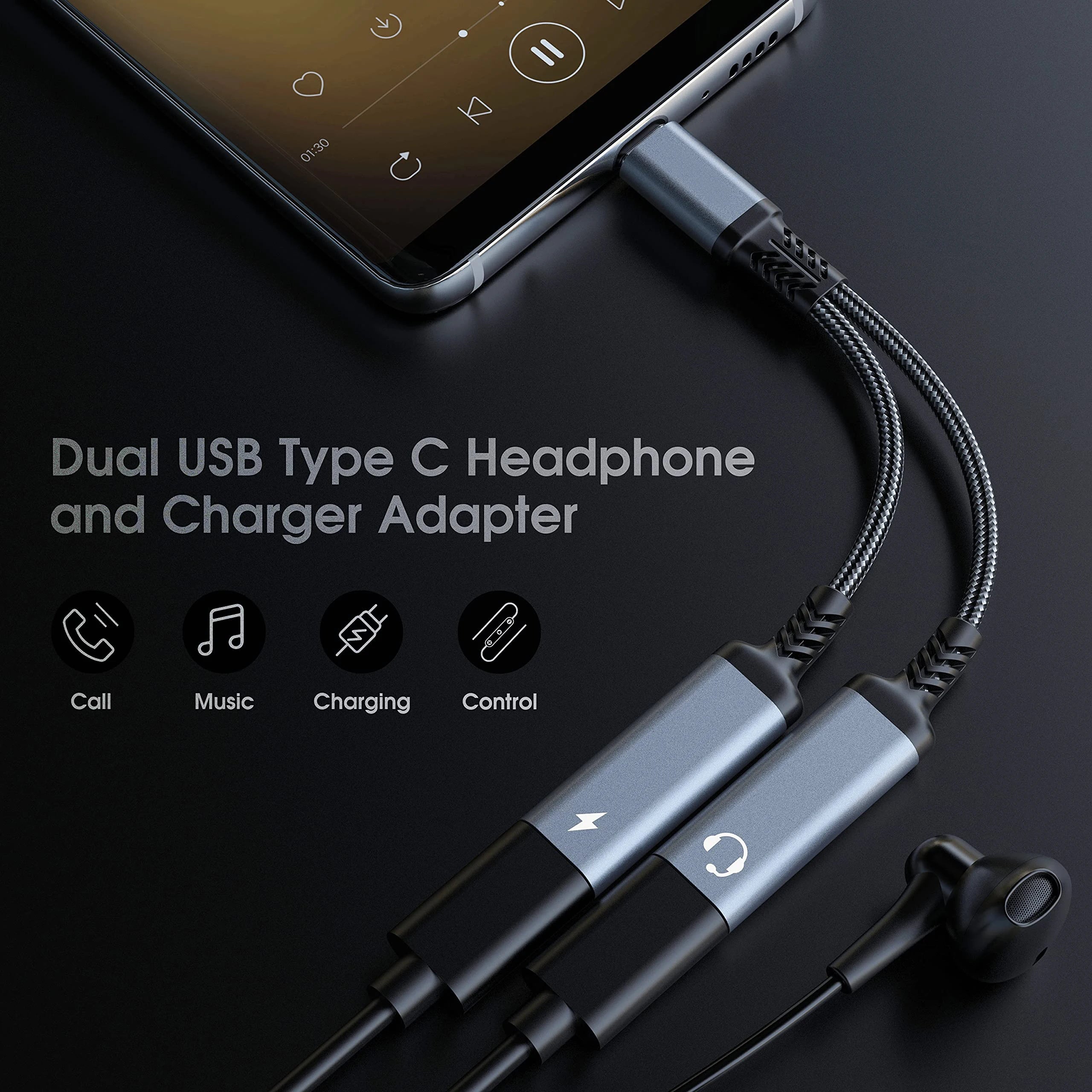 Adaptateur USB-C 2 en 1 Audio + Charge Rapide 60W 🔌 – Câble Tressé Résistant, Double Type-C OTG Prise Casque, Compatible iPhone 15, Samsung, Xiaomi, Huawei