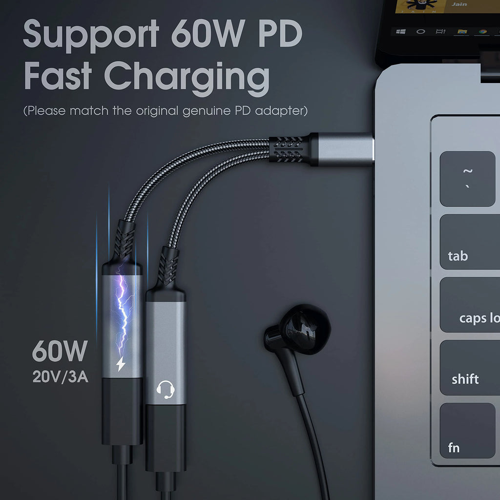 Adaptateur USB-C 2 en 1 Audio + Charge Rapide 60W 🔌 – Câble Tressé Résistant, Double Type-C OTG Prise Casque, Compatible iPhone 15, Samsung, Xiaomi, Huawei