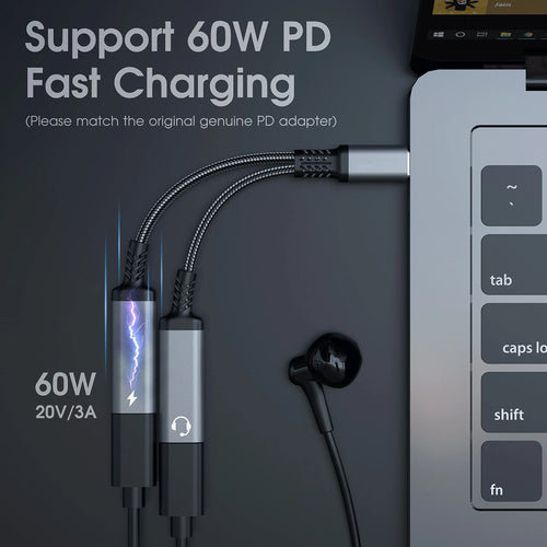 Adaptateur USB-C 2 en 1 Audio + Charge Rapide 60W 🔌 – Câble Tressé Résistant, Double Type-C OTG Prise Casque, Compatible iPhone 15, Samsung, Xiaomi, Huawei