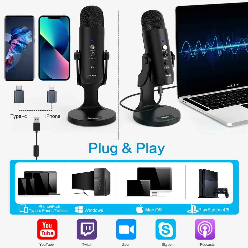 Microphone USB Condensateur Haomuren 🎤 – Qualité Studio, Plug & Play, Anti-bruit, Streaming & Gaming PC/Mac/PS5