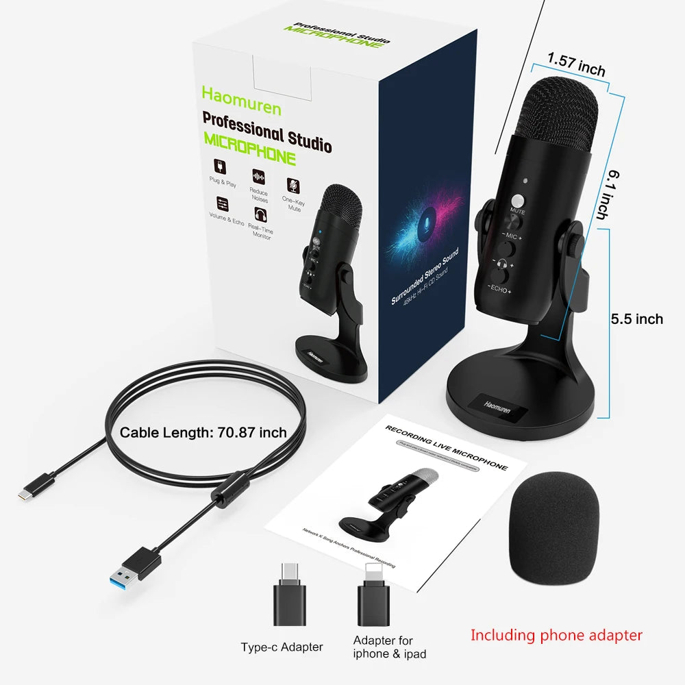 Microphone USB Condensateur Haomuren 🎤 – Qualité Studio, Plug & Play, Anti-bruit, Streaming & Gaming PC/Mac/PS5