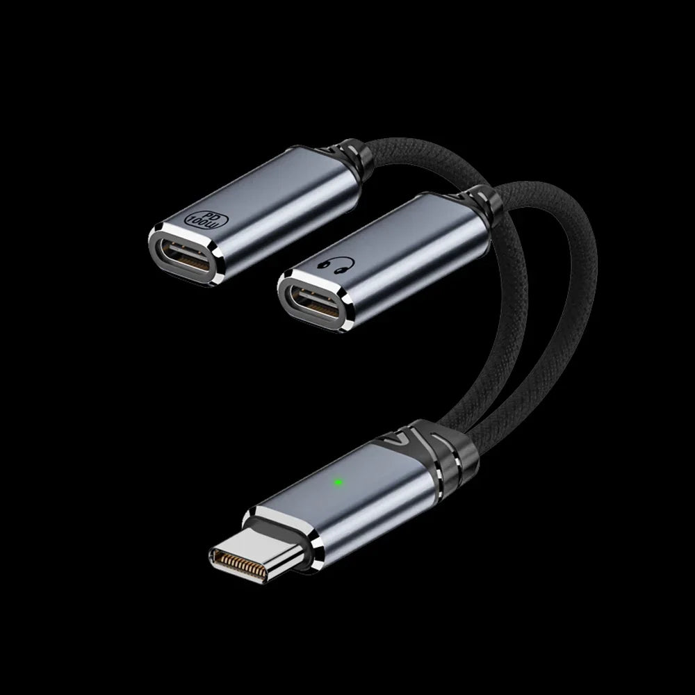 🔌 Adaptateur USB-C 2 en 1 Audio + Charge Rapide 100W PD – Câble Tressé Casque & Recharge Type-C Compatible Android