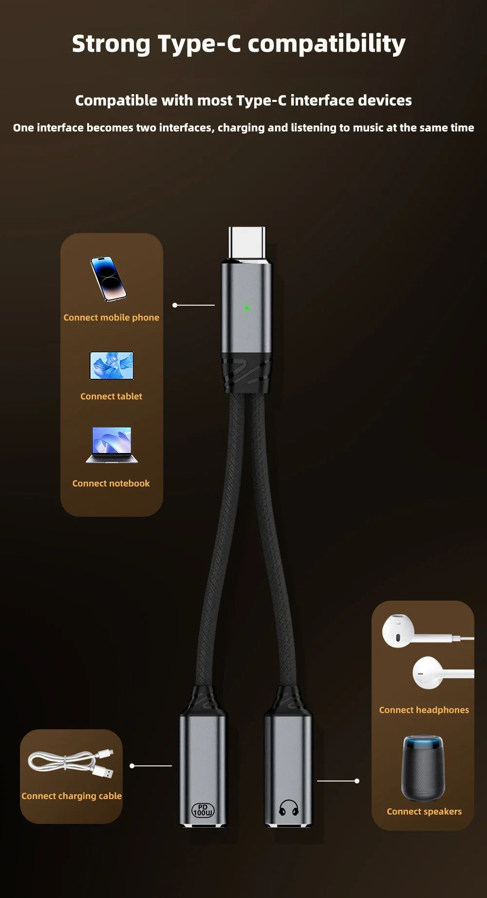 🔌 Adaptateur USB-C 2 en 1 Audio + Charge Rapide 100W PD – Câble Tressé Casque & Recharge Type-C Compatible Android