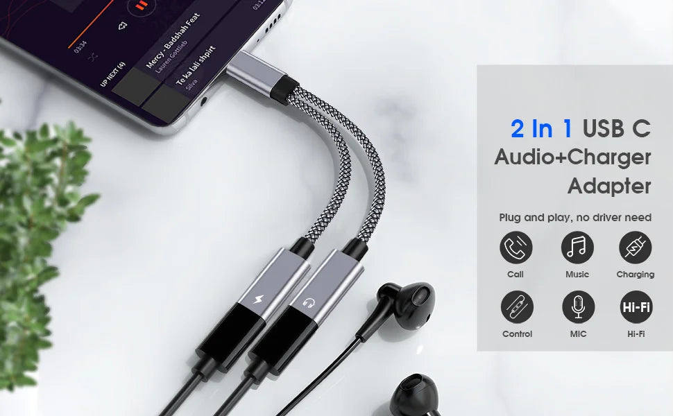 Adaptateur USB-C 2 en 1 Audio + Charge Rapide 60W 🔌 – Câble Tressé Résistant, Double Type-C OTG Prise Casque, Compatible iPhone 15, Samsung, Xiaomi, Huawei