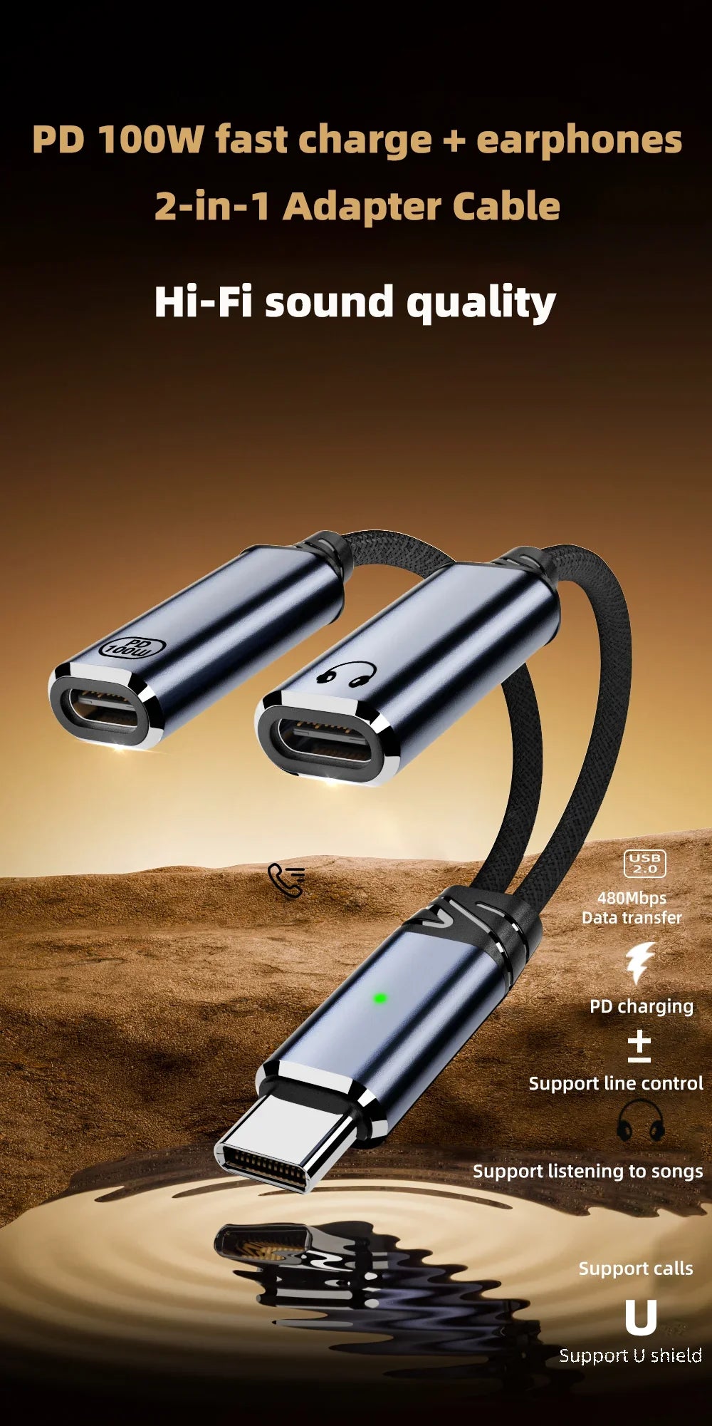 🔌 Adaptateur USB-C 2 en 1 Audio + Charge Rapide 100W PD – Câble Tressé Casque & Recharge Type-C Compatible Android