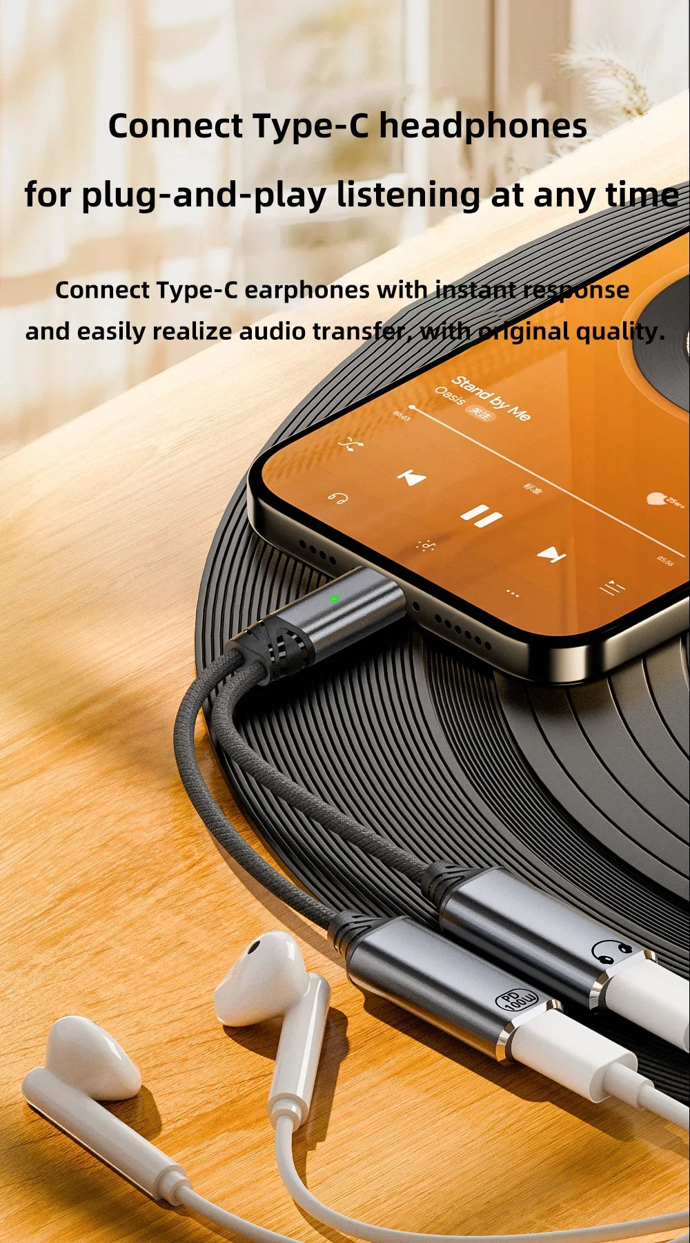 🔌 Adaptateur USB-C 2 en 1 Audio + Charge Rapide 100W PD – Câble Tressé Casque & Recharge Type-C Compatible Android