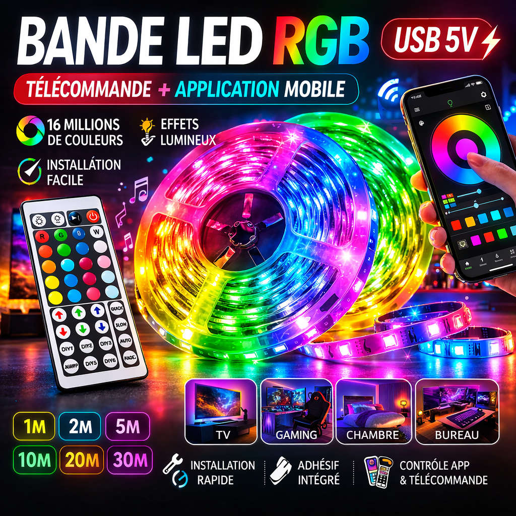 🌈 Bande LED RGB USB 5V – Ruban Lumineux Intelligent avec Télécommande & Application (1m/ 2m/ 5m / 10m / 20m / 30m) Ma boutique