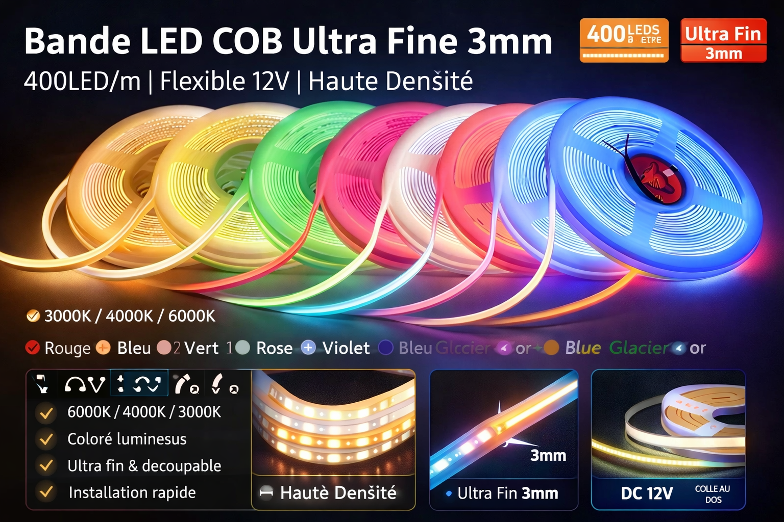 💡 Bande LED COB Ultra Fine 3mm – 400 LED/m | Éclairage Flexible Haute Densité 12V | Décoration Setup Gaming & Maison Studio Light Sound