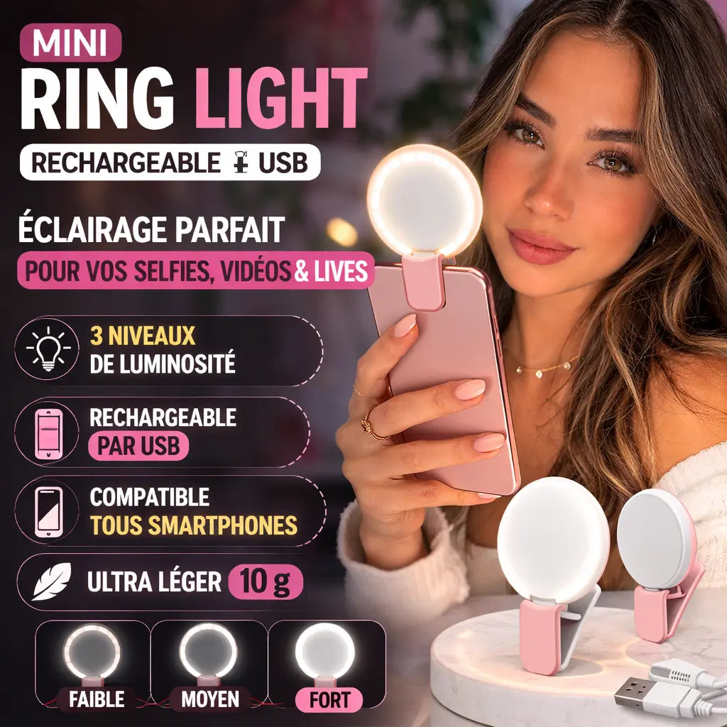📱 Mini Ring Light Selfie Rechargeable – Lampe LED Clip Smartphone pour TikTok, Vidéos & Appels Studio Light Sound